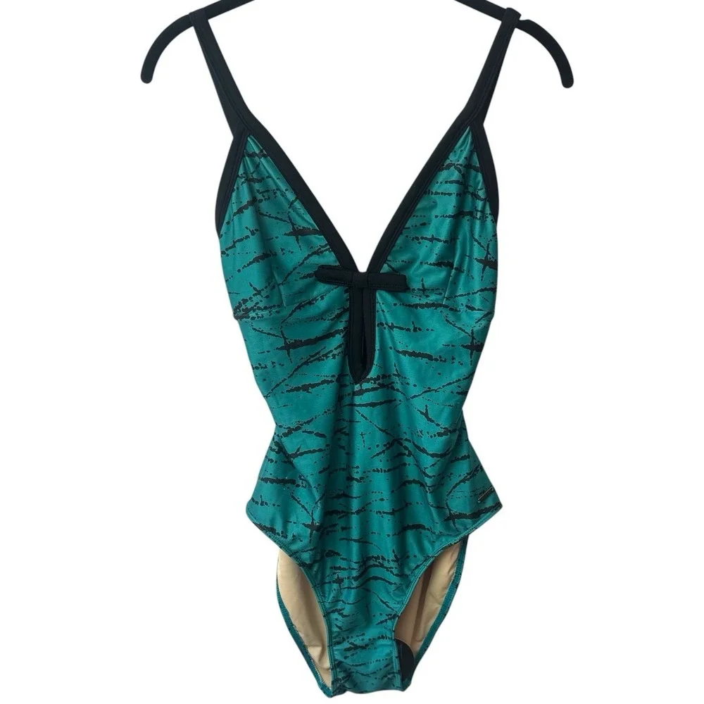 NEW Stussy RARE Green‎ Black Bow Open Back One Piece Swimsuit Vacation Beach S